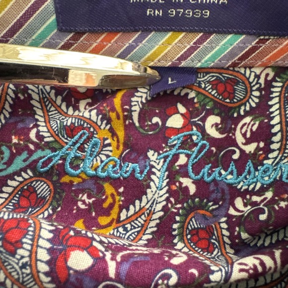 Alan Flusser Men's Long Sleeve Size L Purple Paisley‎ Stripe Flip Cuff Button - Picture 6 of 7